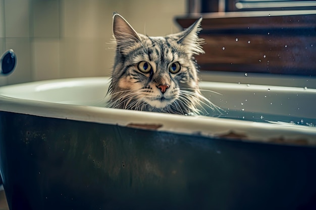 A cat in a bathtub with water droplets on it