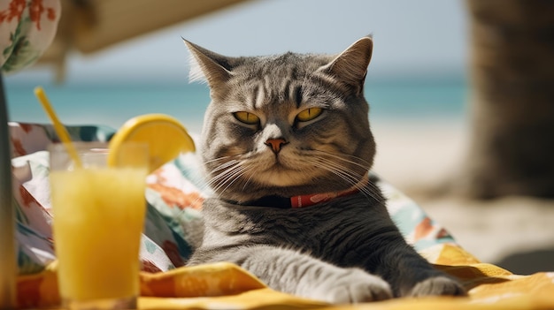 Cat on a beach with a glass of orange juice