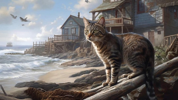 Кот на пляже с домом на заднем плане
