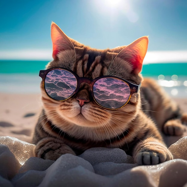 Cat in beautiful glasses smiles sunglasses on the sand on the background of the ocean generative ai