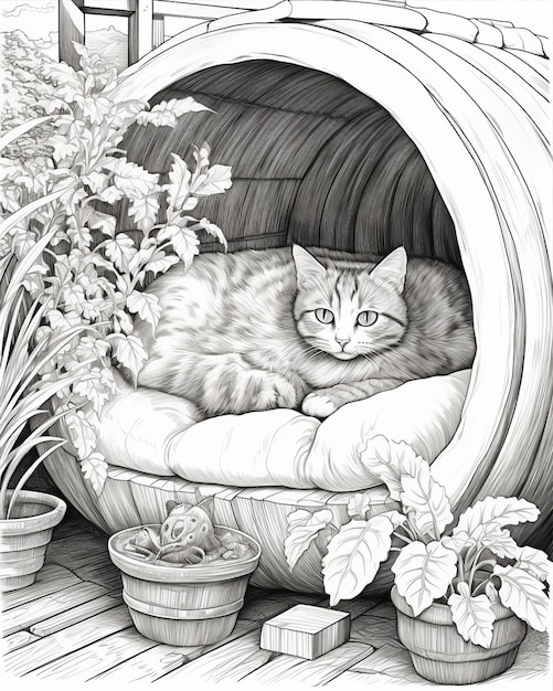 Cat Bed Coloring Page for Kids Premium AIgenerated image