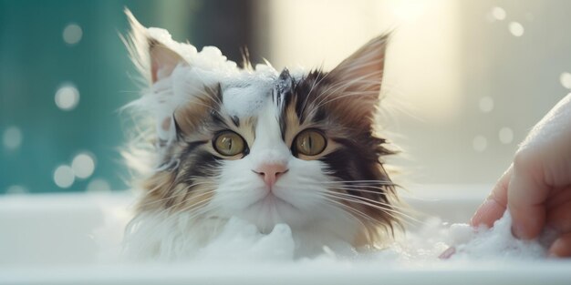 a cat being bathed with soap