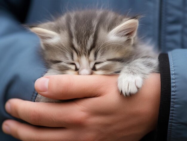 Foto un gatto cullato da un padrone amorevole