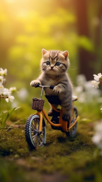 A cat on a bicycle with a basket on it