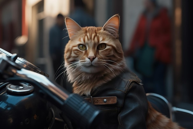 Cat biker in een leren jas die op een motorfiets rijdt