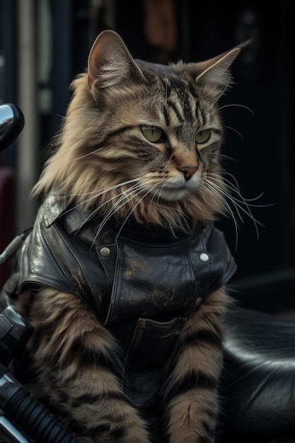 Cat biker in a leather jacket driving a motorcycle rides