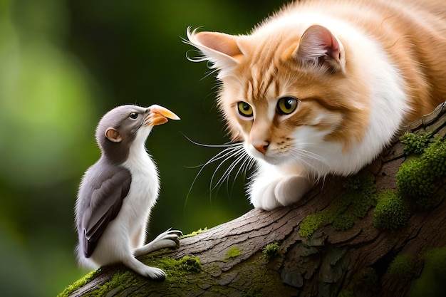 Photo a cat and a bird on a branch