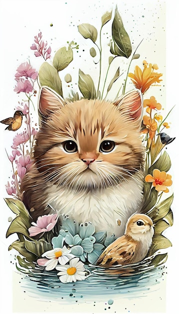 A cat and a bird in a flower garden