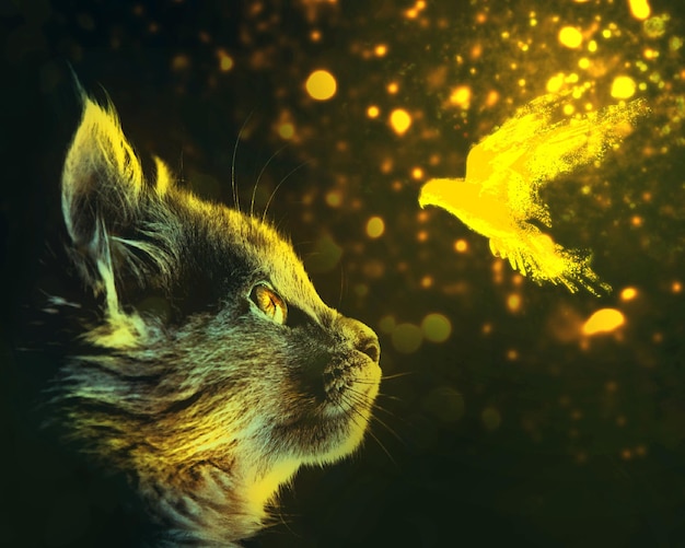 Cat and bird spirit on yellow lights and bokeh