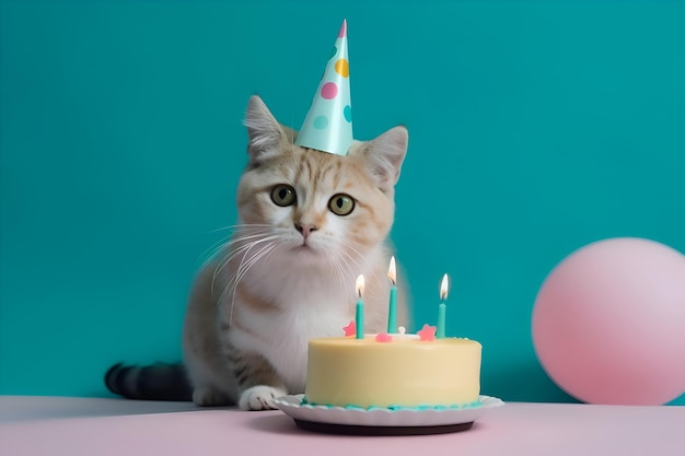 緑の背景に誕生日の帽子をかぶった猫とお祝いのケーキを持つ生成 AI