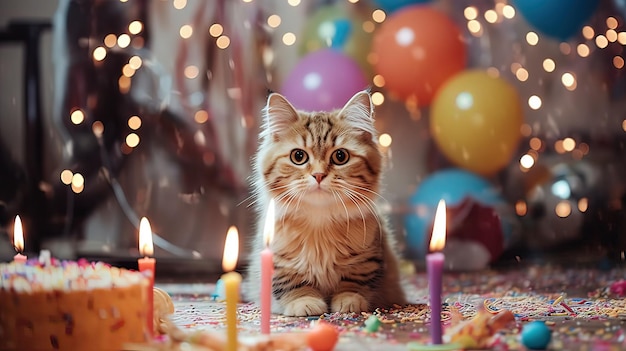 Празднование дня рождения котенка с тортомGenerative ai
