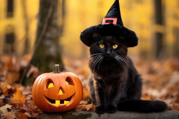 黒い魔女帽子をかぶった猫がハロウィーン・パンプキンの隣の秋の森に座っている