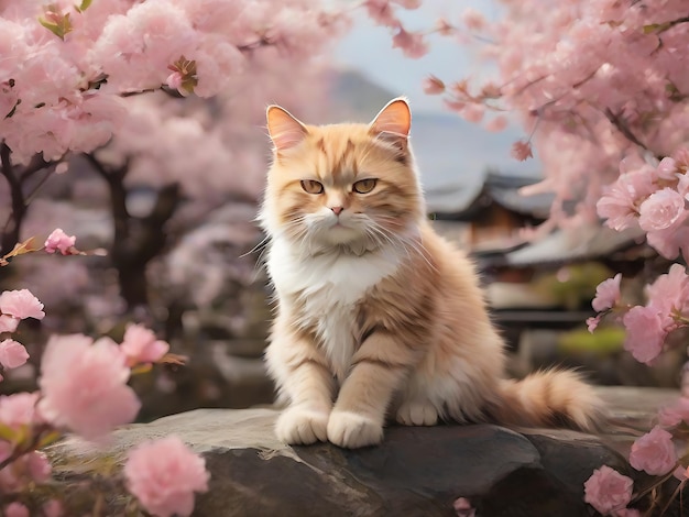 Foto un gatto in un giardino di sakura in fiore si siede in un kimano