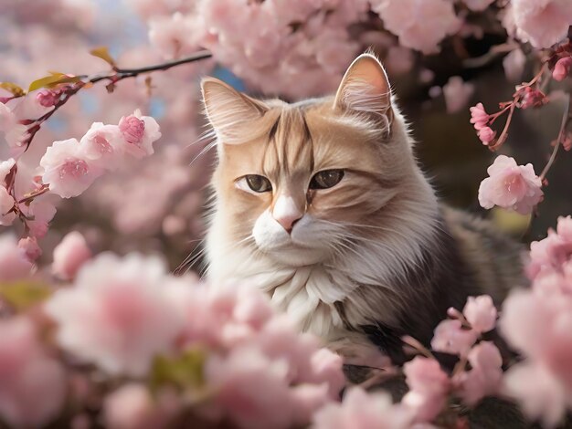 A cat in a blooming sakura garden sits in a kimano