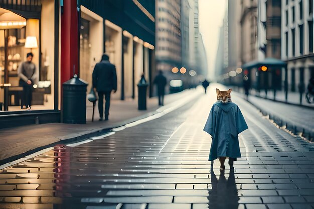 a cat in a blue cape is walking down the street.