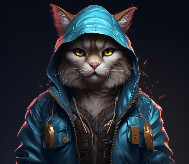 Cat in a blue jacket with a hood on a black background
