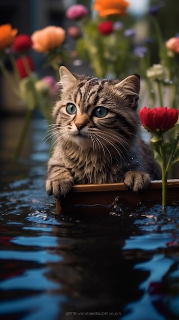 A cat in a boat with a flower in the water