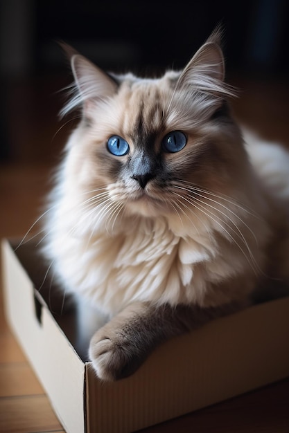 A cat in a box with blue eyes