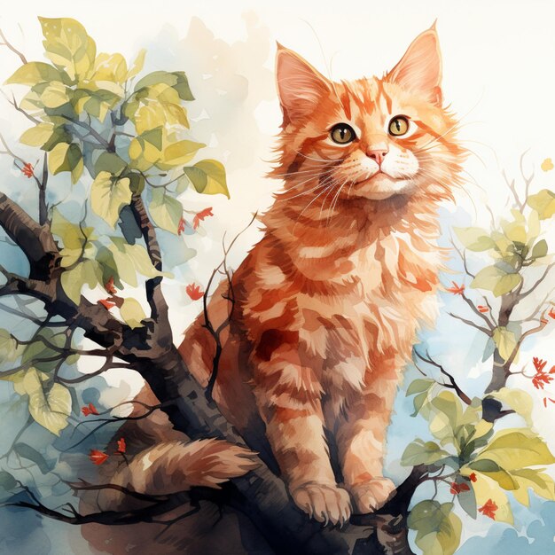 cat on branch art illustration