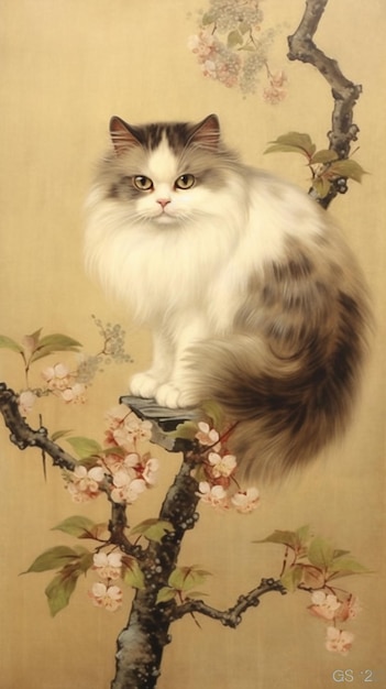 A cat on a branch of a cherry blossom tree