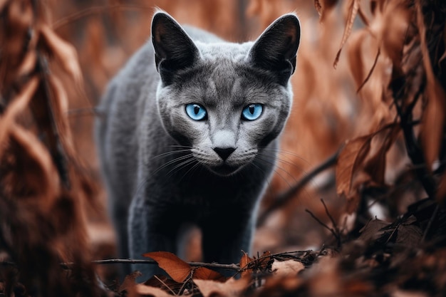 Cat of breed russian blue in the wild