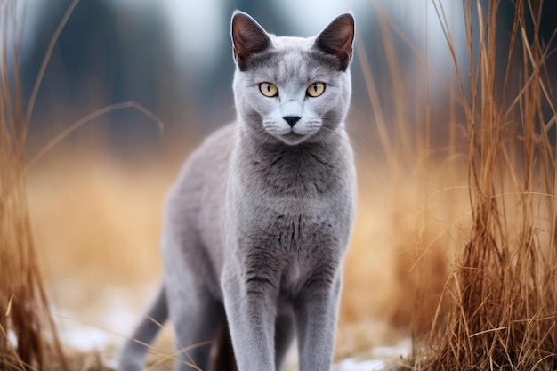 Cat of breed Russian Blue in the wild