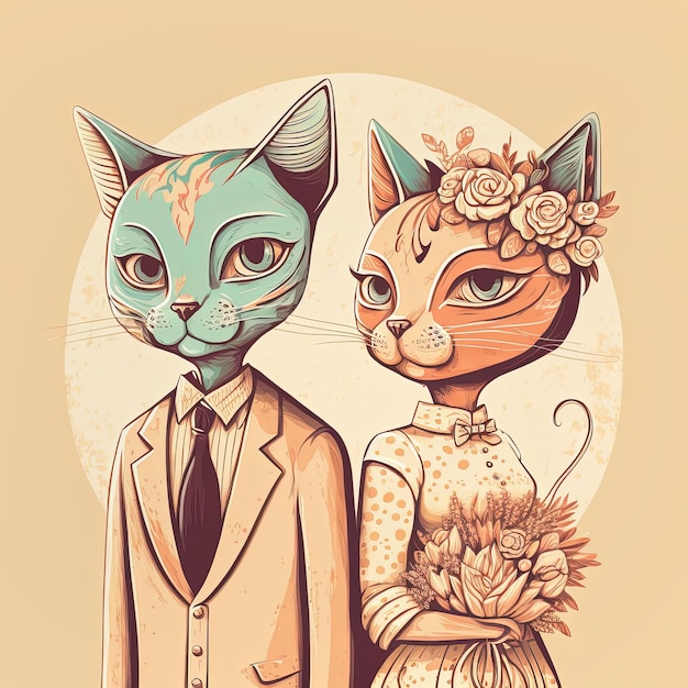 Cat bride and groom Lovely wedding couple Just Married