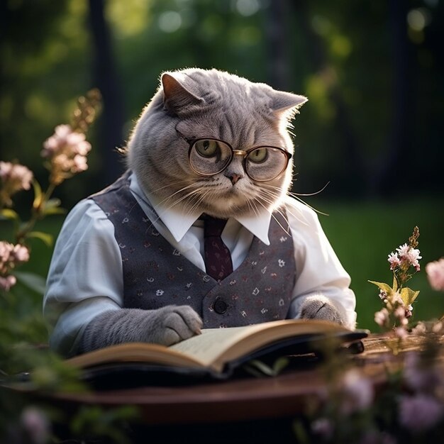 Фото Британская кошка в очках сидит в саду.
