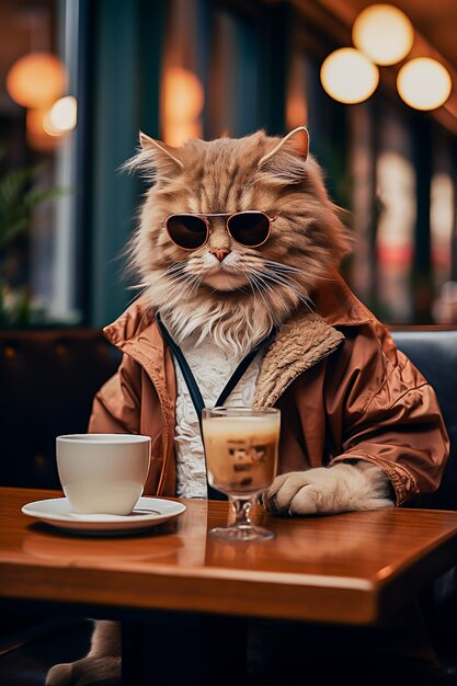 a cat in a business suit drinks coffee in a coffee shop