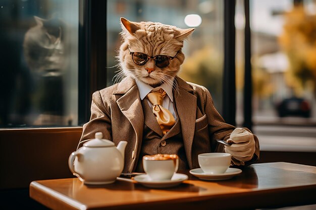 a cat in a business suit drinks coffee in a coffee shop