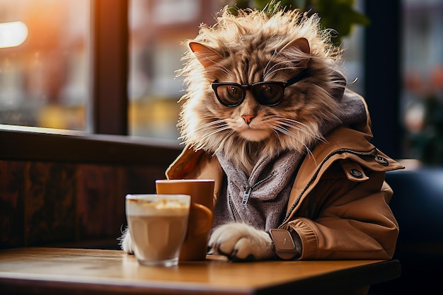 Photo a cat in a business suit drinks coffee in a coffee shop