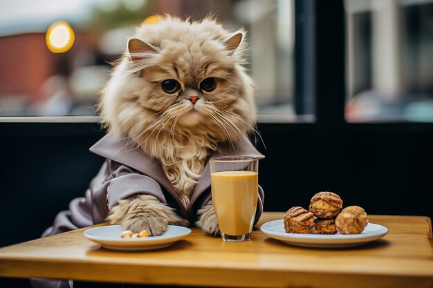 кошка в деловом костюме пьет кофе в кафе.