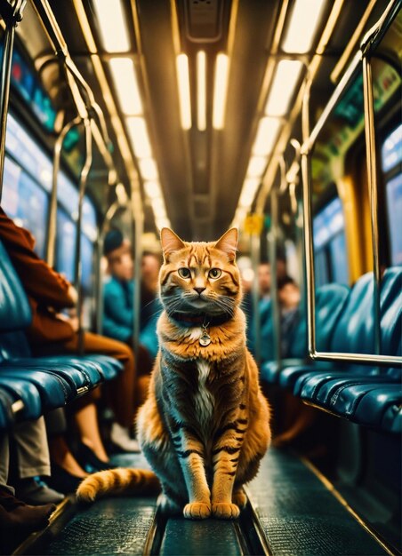 a cat in a business suit sitting in a crowded subway