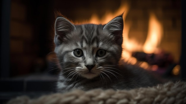 A cat by a fireplace