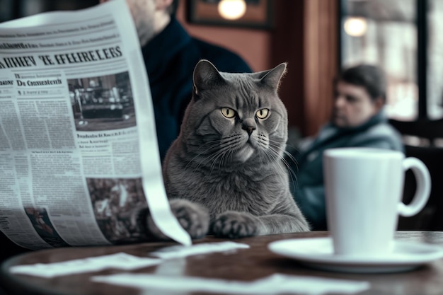 カフェで新聞を読む猫がAIが生成したコーヒーを飲む