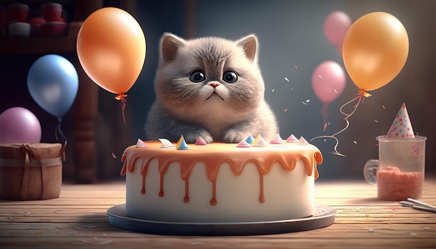 A cat on a cake with balloons