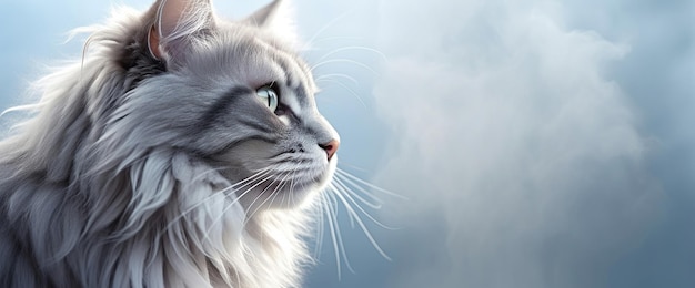 A cat captured looking into the distance on a gray backdrop creates a perfect setting for incorporating into advertising or design themes involving pets