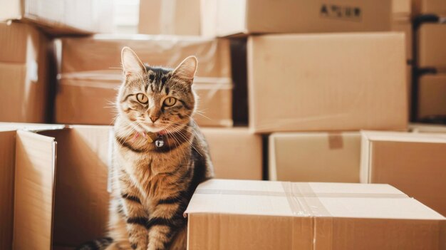 Foto gatto in scatola di cartone a casa moving with pets concept