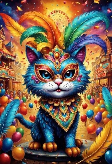 Photo cat carnival masks festive background with serpentine