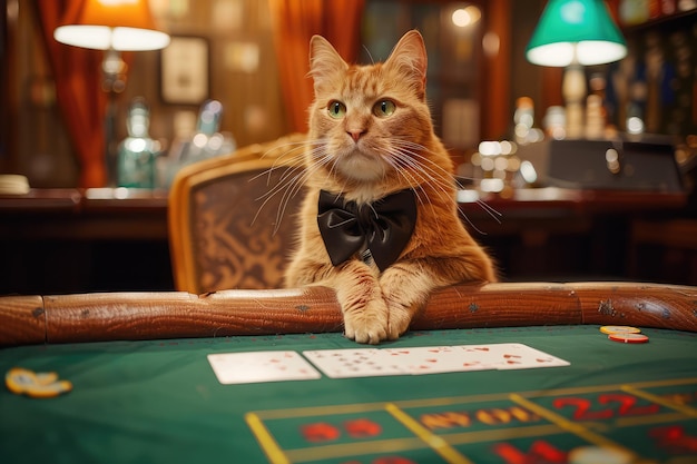 Cat Casino Dealer Cat as Croupier is Waiting for Player Cats Redy to Play Cards at Green Casino Table