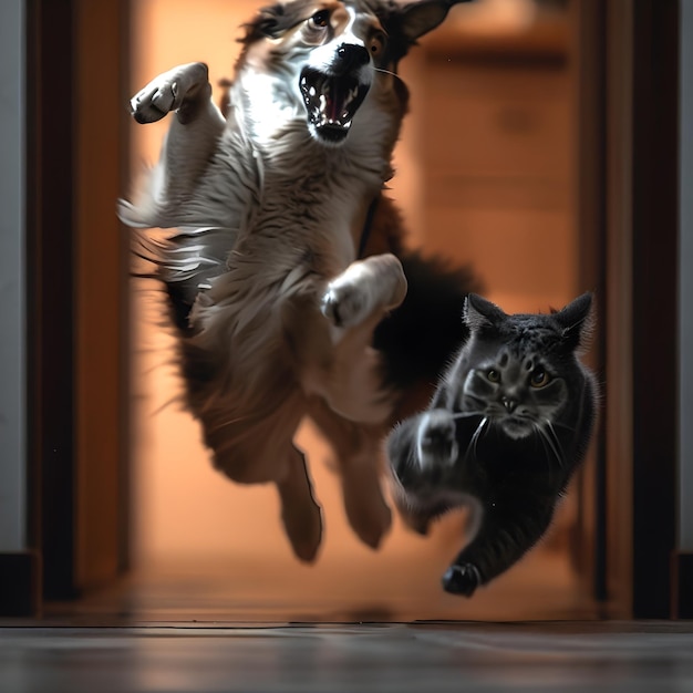 a cat and a cat are jumping in the air with their paws on the floor.