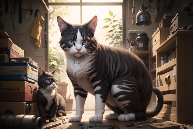 A cat and a cat are sitting on a desk.