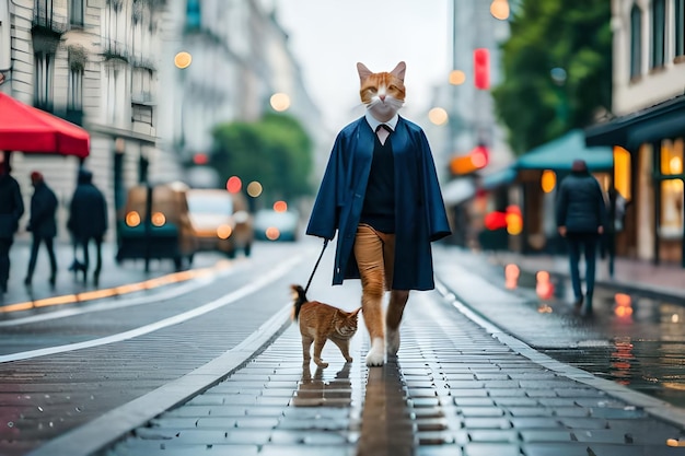 猫と猫が濡れた歩道を歩いています。