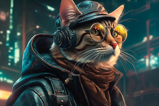 안경을 입은 고양이 캐릭터 디지털 포스터에 대한 개념 예술 스팀크 스타일 예술 생성 AI