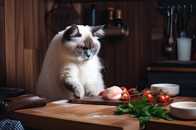 Шеф-повар кота режет ингредиенты для вкусной еды ножом и доской