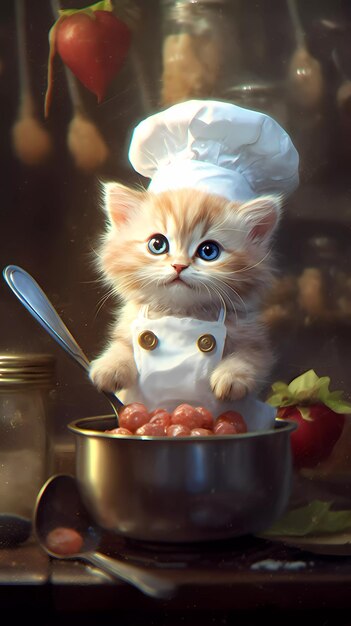 A cat in a chef hat is cooking a meal.