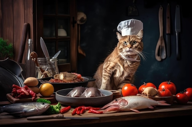 Cat chef-kok bereidt een heerlijke vismaaltijd, compleet met verse ingrediënten en kookgerei