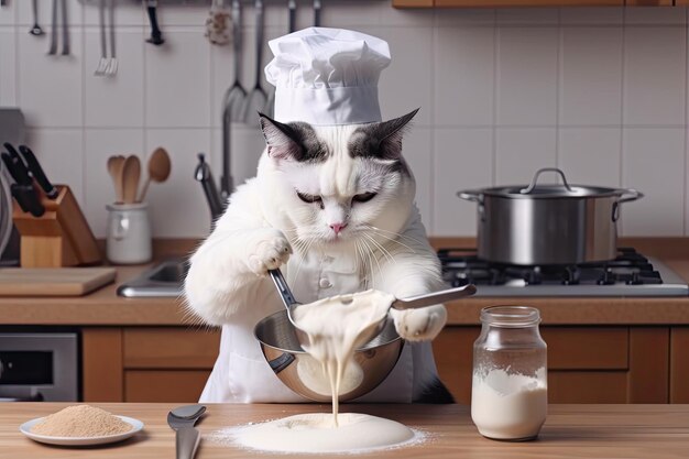 Cat chef-kok met garde in de hand die pluizig pannenkoekenbeslag opklopt, gemaakt met generatieve ai