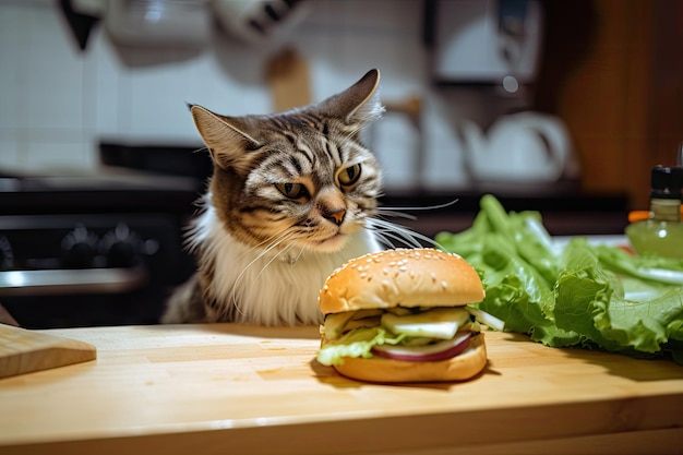 自家製タルタルソースとフライドポテトのピクルスを添えたおいしいフィッシュバーガーを作る猫シェフ