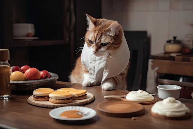ふわふわのパンケーキ、スクランブルエッグ、ベーコンの朝食のごちそうを準備する猫のシェフ